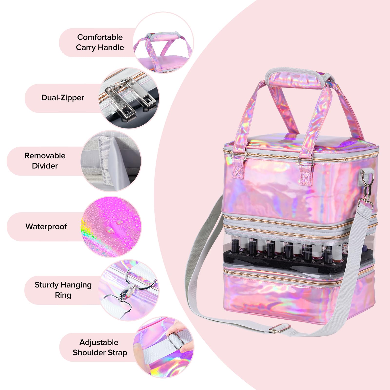 Beloving Nail Polish Organizer Case – 3-Layer Removable Storage for 60 Bottles & Nail Lamp