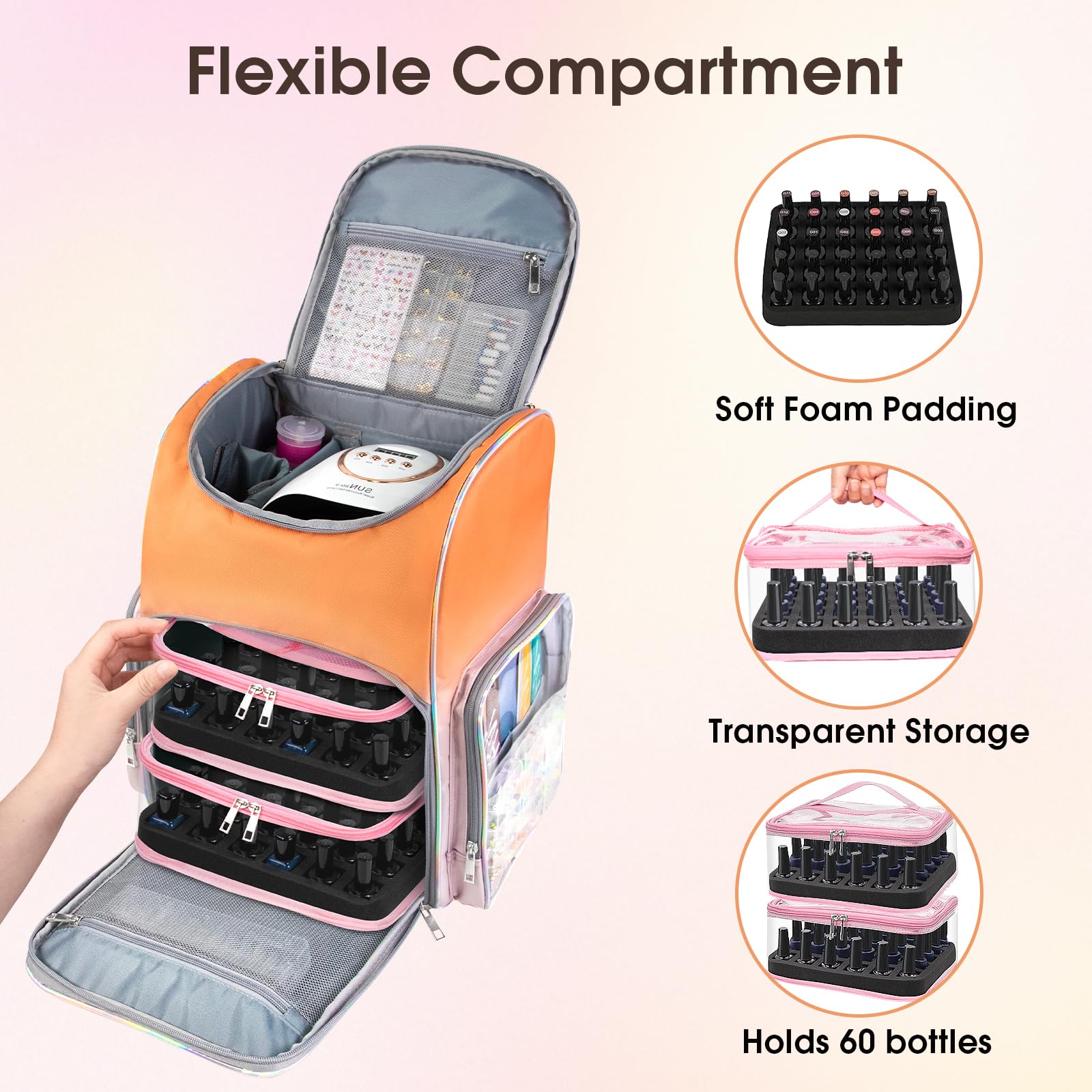 Beloving Nail Polish Organizer Bag – Large Backpack Holds 60 Bottles + Nail Lamp Compartment