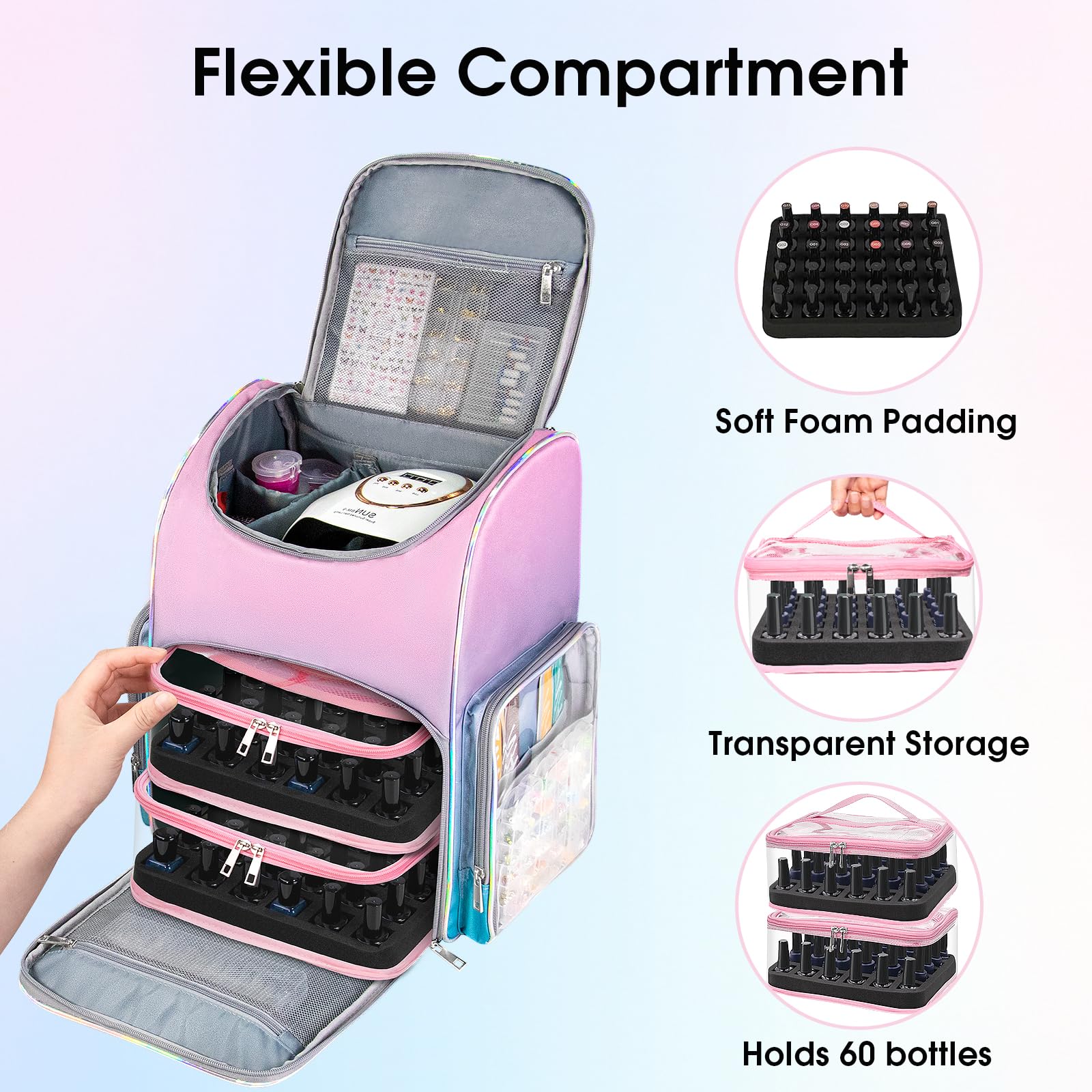 Beloving Nail Polish Organizer Backpack – 60-Bottle Capacity, 2 Removable Cases, UV Lamp Slot