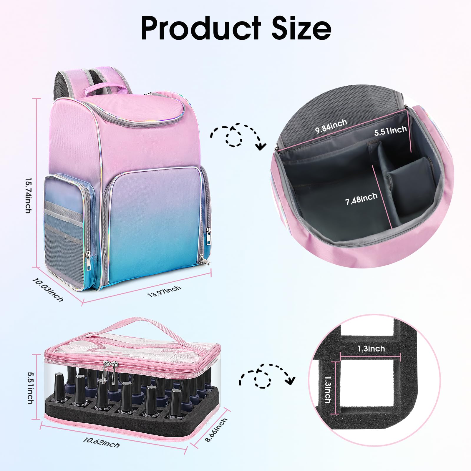 Beloving Nail Polish Organizer Backpack – 60-Bottle Capacity, 2 Removable Cases, UV Lamp Slot