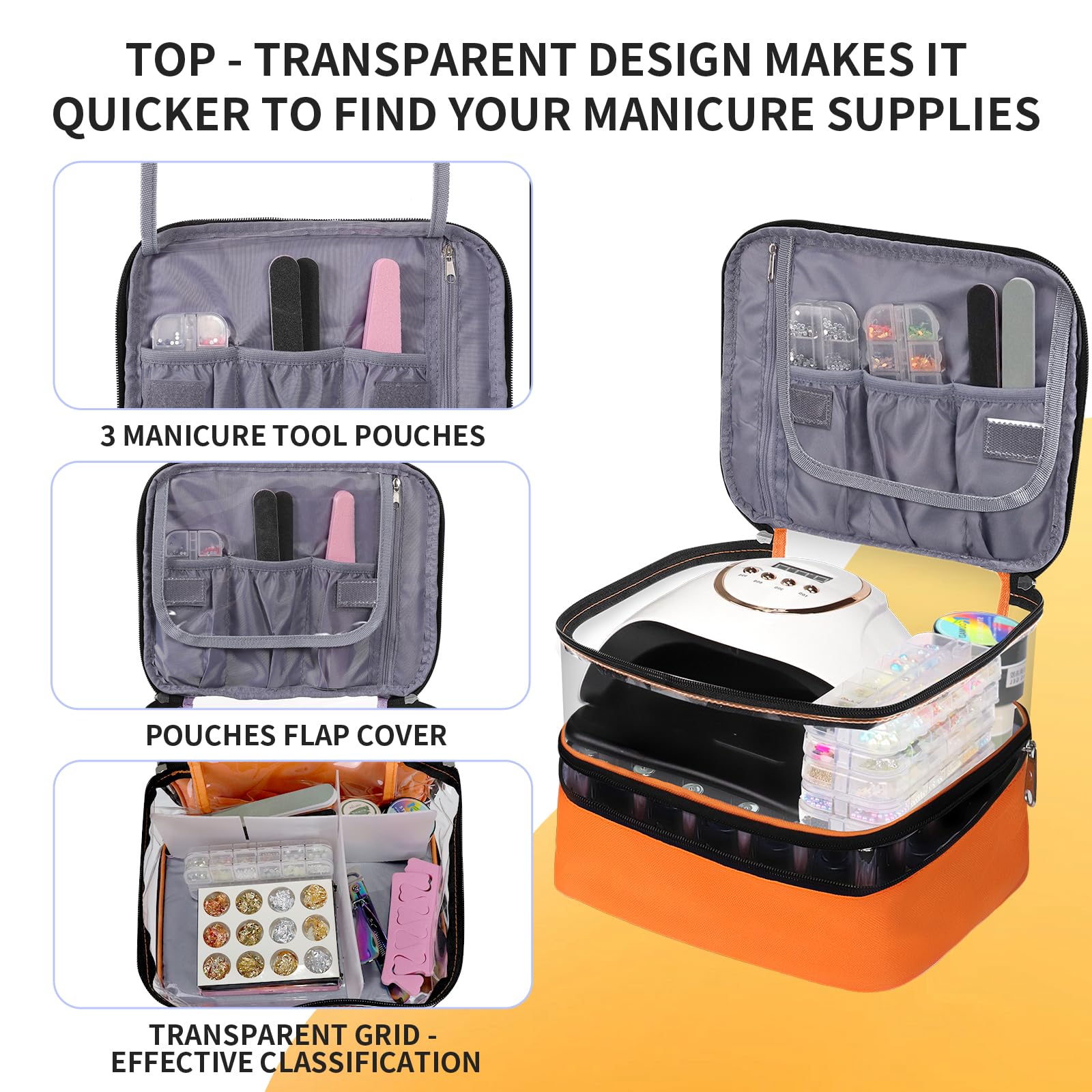Beloving Clear Nail Polish Organizer – Double-Layer Case for 30 Bottles & Included Nail Dryer | Portable Orange