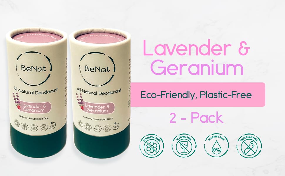 BeNat 2-Pack All Natural Deodorant – Lavender & Geranium | Aluminum Free, Zero Waste