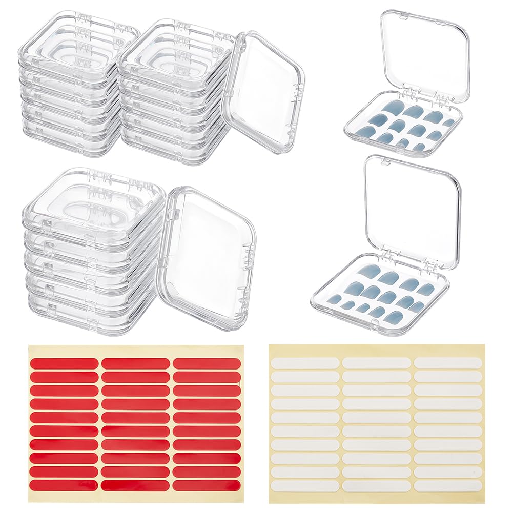BENECREAT 20Pcs Press On Nail Storage Box – 2 Sizes, Clear Display Boxes with Adhesive Tape