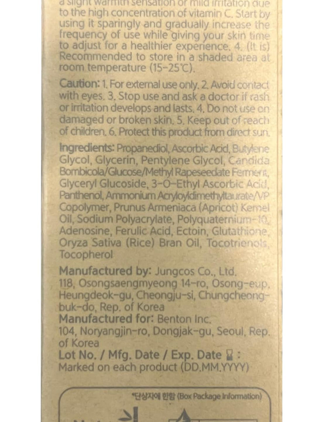 BENTON Vitamin C Serum – 20% Pure Vitamin C, Texture & Elasticity Care, All Skin Types, 1.01 fl oz