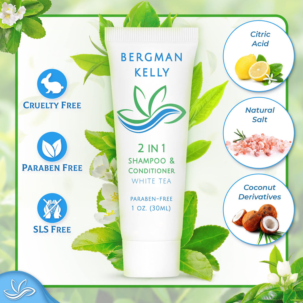 BERGMAN KELLY Travel Size 2-in-1 Shampoo & Conditioner | White Tea, 1 fl oz, 100 Pack