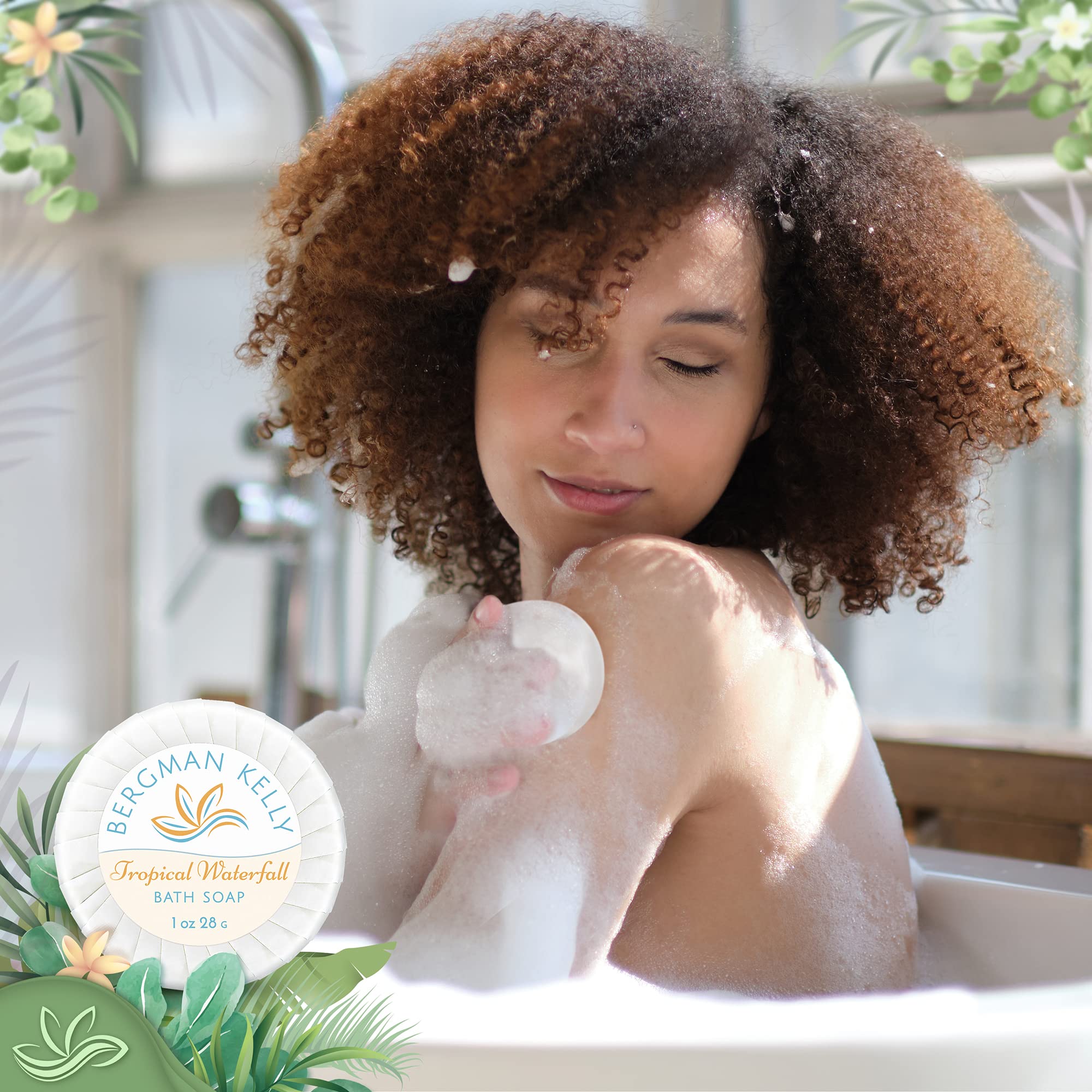BERGMAN KELLY Round Hotel Soap Bars, Shampoo & Conditioner 3-Piece Set – 150 Travel-Size Bulk Amenities (Tropical Waterfall)