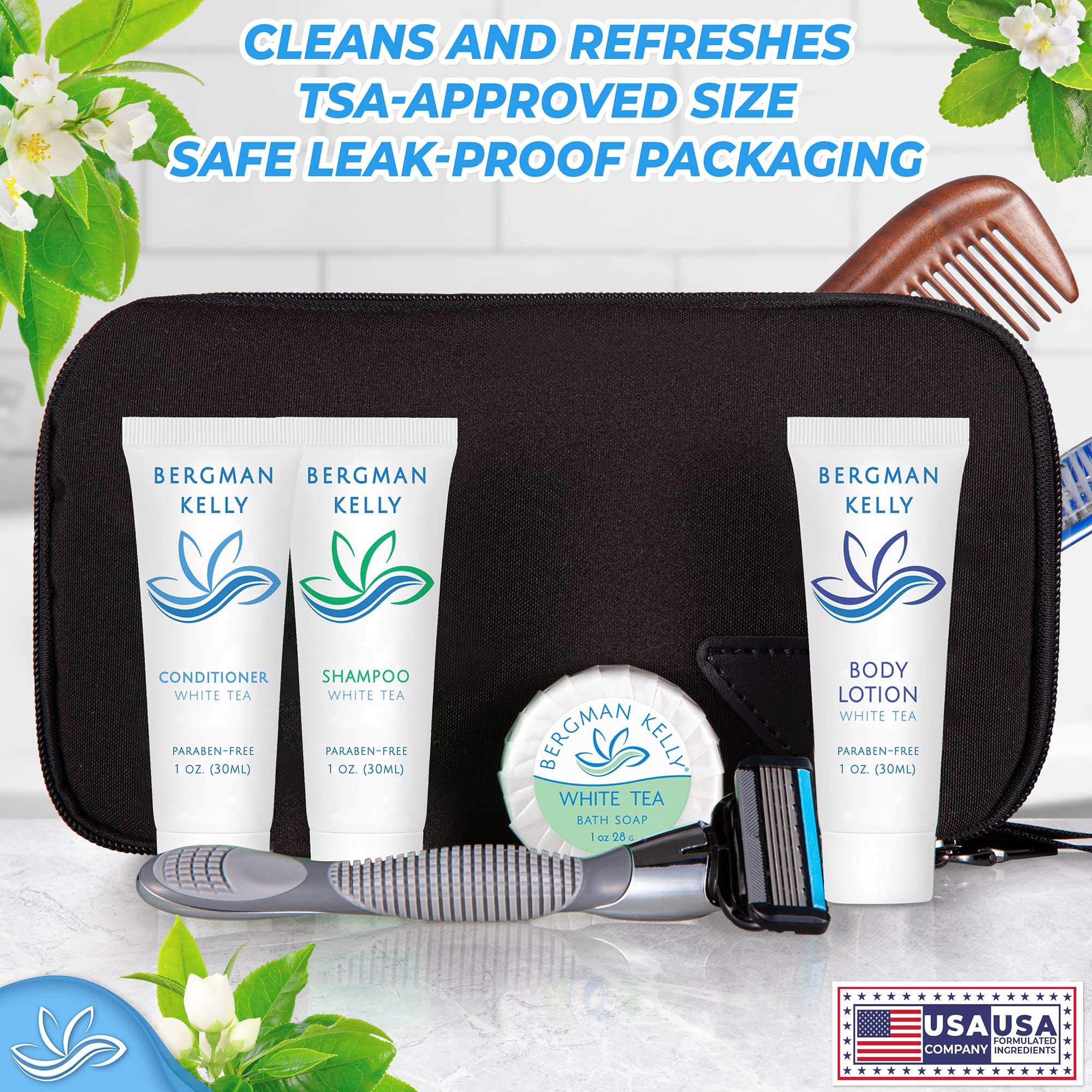 BERGMAN KELLY Round Hotel Soap Bars, Shampoo & Conditioner Set – White Tea, 150-Pack (0.5 oz each)
