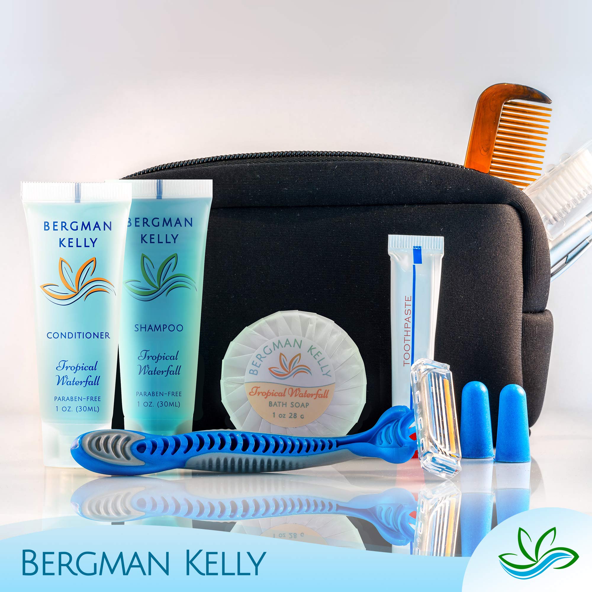 BERGMAN KELLY Hotel Toiletries Bundle – Tropical Waterfall, 1oz Each, 100-Piece Bulk Set (Soap, Shampoo, Conditioner, Lotion)