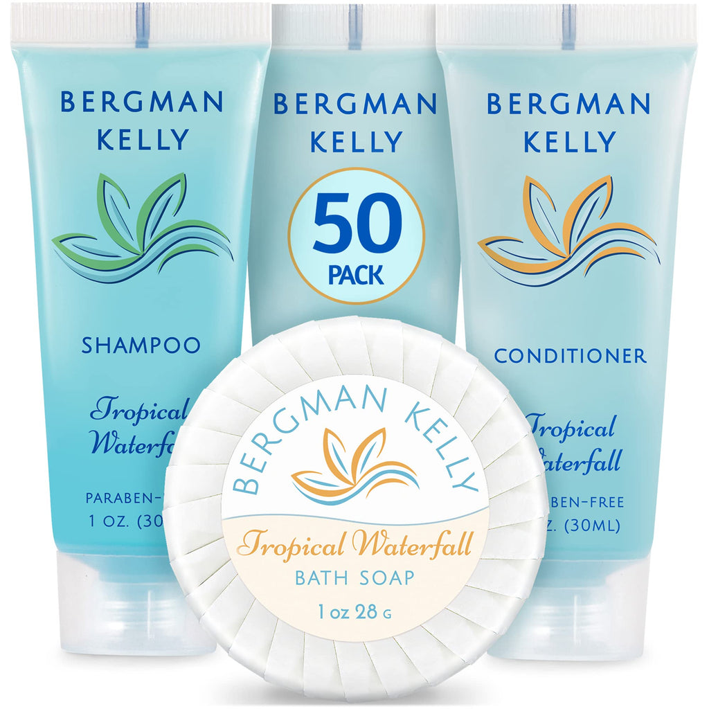BERGMAN KELLY Round Hotel Soap Bars, Shampoo & Conditioner 3-Piece Set – 150 Travel-Size Bulk Amenities (Tropical Waterfall)