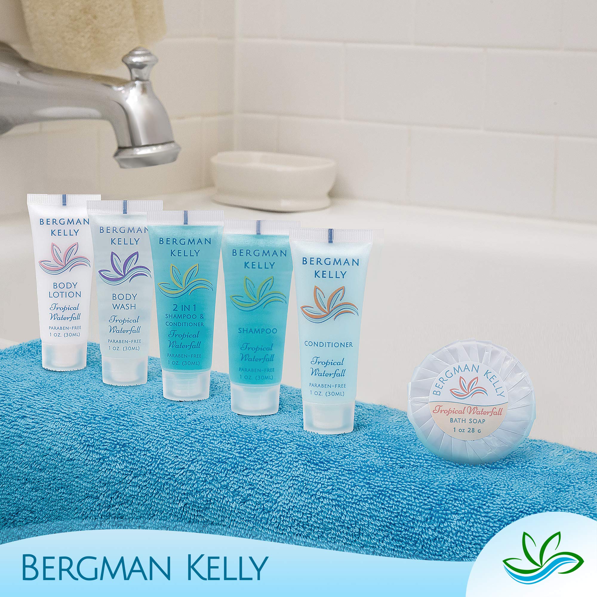 BERGMAN KELLY Hotel Toiletries Bundle – Tropical Waterfall, 1 oz Each, 125 Pieces | 5-Piece Set
