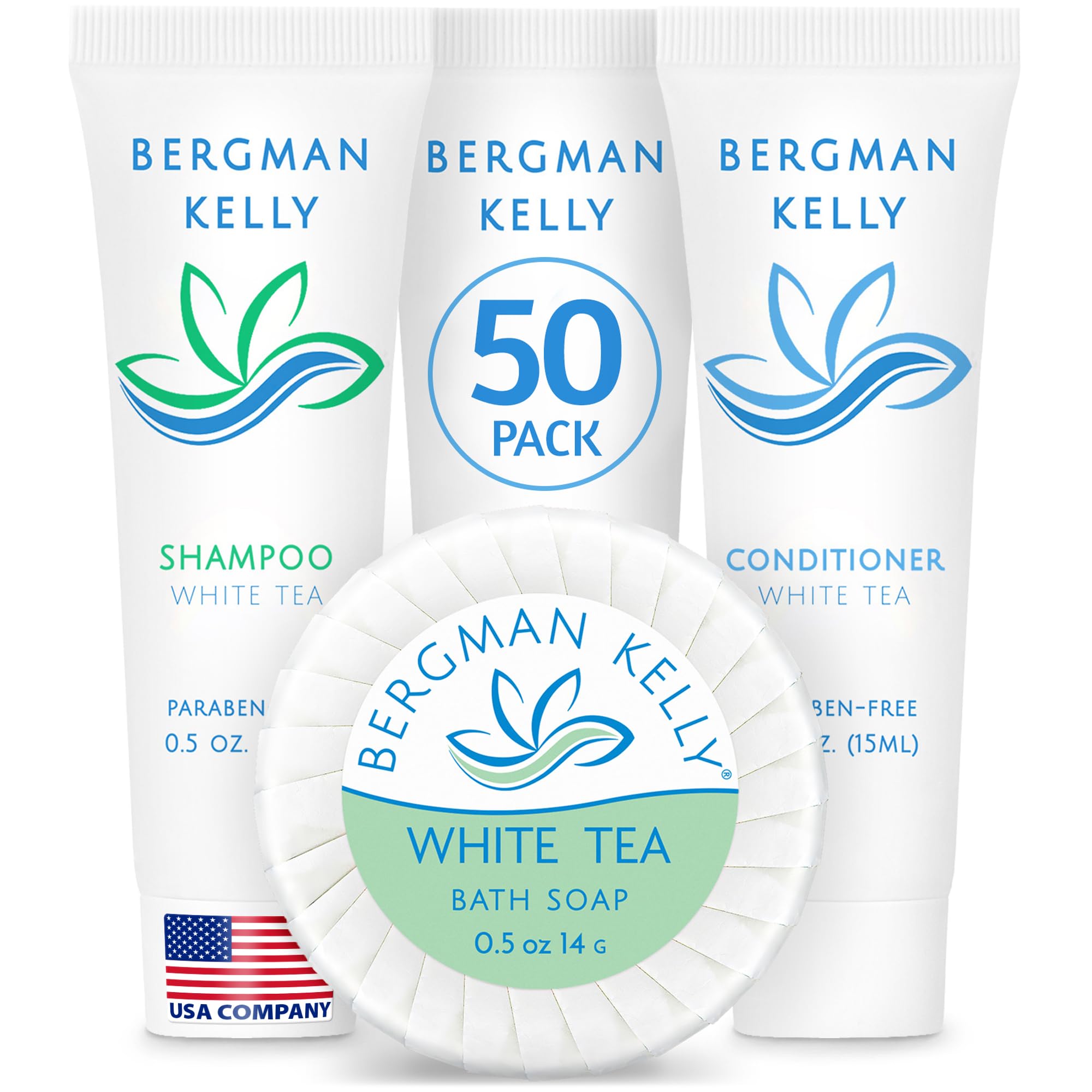 BERGMAN KELLY Round Hotel Soap Bars, Shampoo & Conditioner Set – White Tea, 150-Pack (0.5 oz each)