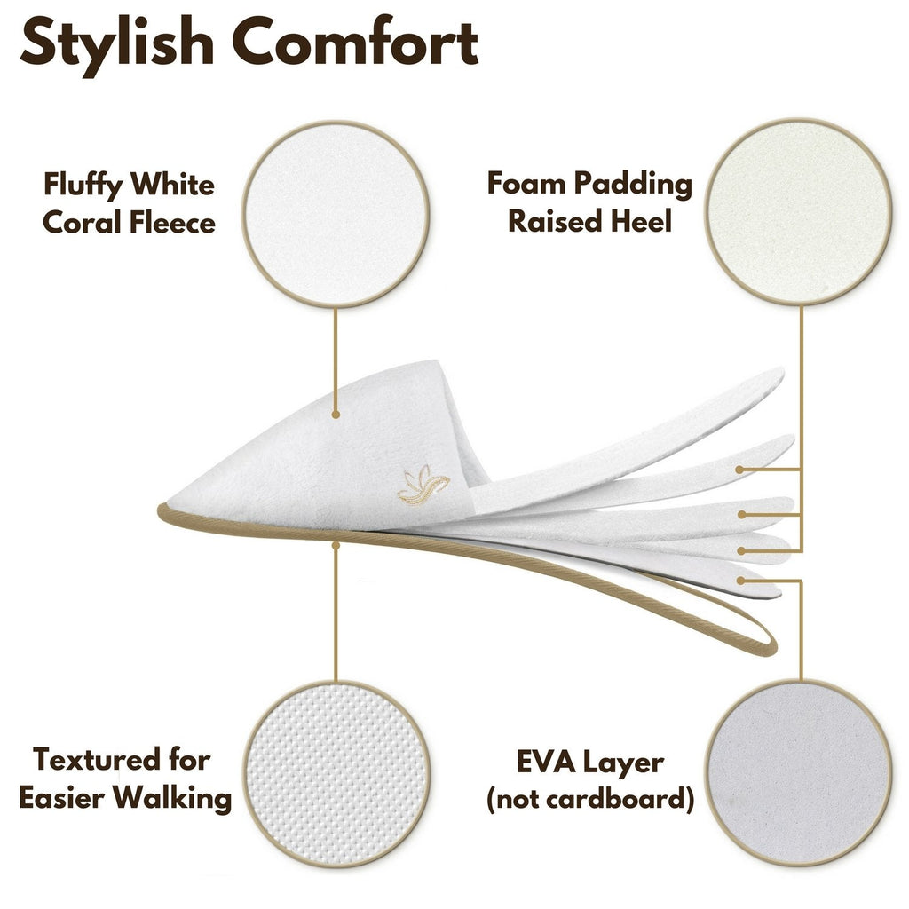 BERGMAN KELLY Spa Slippers – Closed Toe, 12 Pairs, White + Cocoa Trim, Deluxe Padded Sole