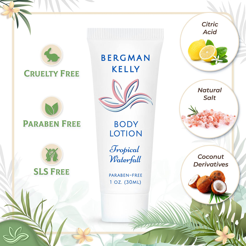 BERGMAN KELLY Hotel Toiletries Bundle – Tropical Waterfall, 1oz Each, 100-Piece Bulk Set (Soap, Shampoo, Conditioner, Lotion)