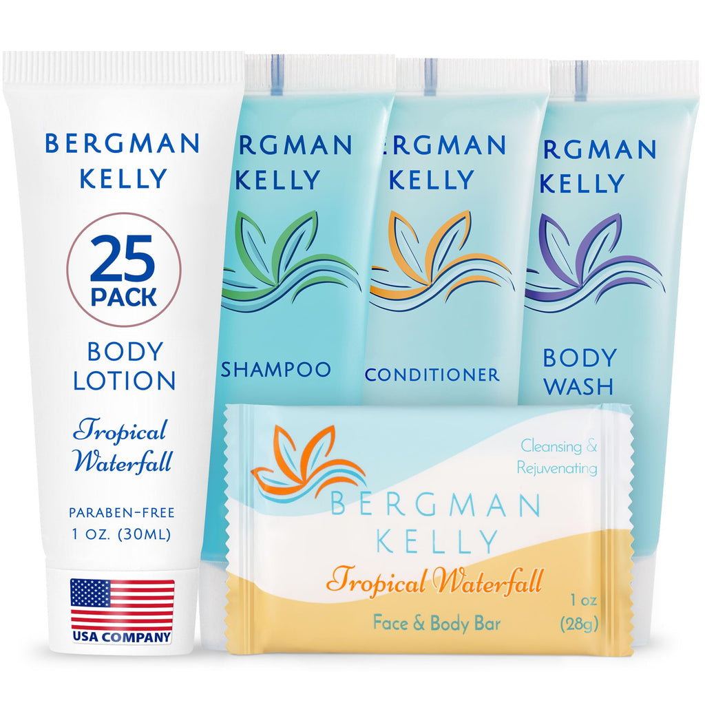 BERGMAN KELLY Hotel Toiletries Bundle – Tropical Waterfall, 1 oz Each, 125 Pieces | 5-Piece Set