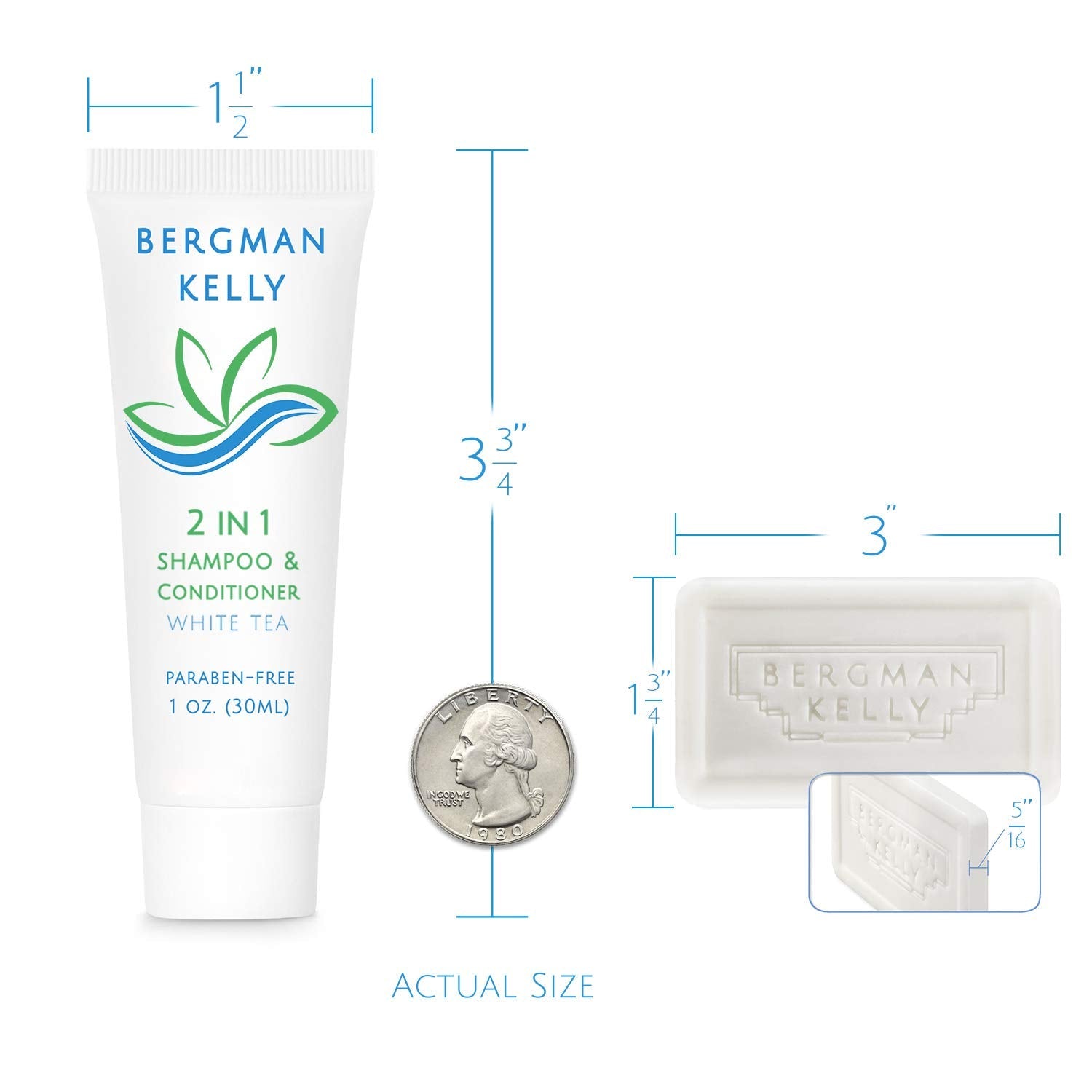 BERGMAN KELLY Rectangle Soap Bars & 2in1 Shampoo & Conditioner Set – White Tea, 1 oz, 100 Hotel Amenities