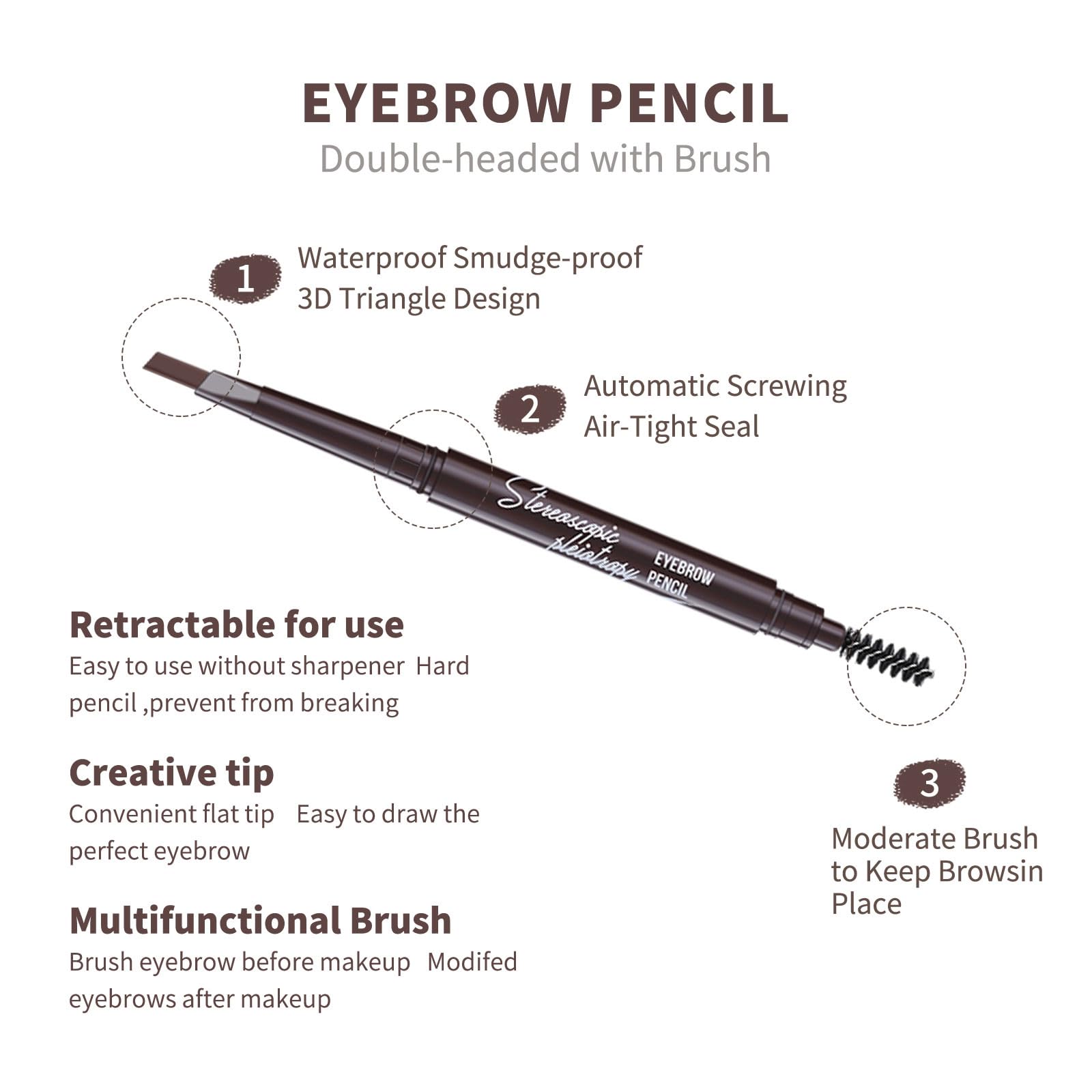 Berinist 12pcs Black Waterproof Eyebrow Pencils – Dual-End Retractable with Brush and Triangular Tip