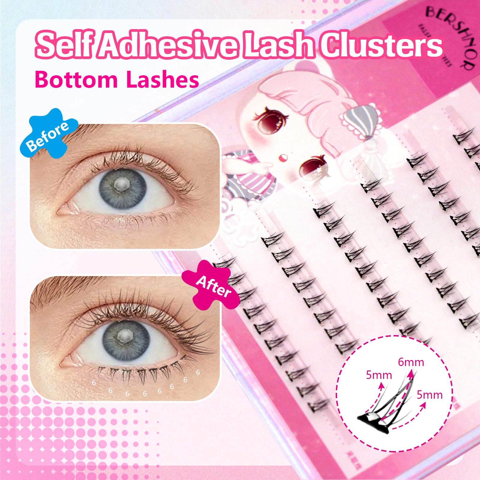 Bershnor Self-Adhesive Bottom Eyelashes Spike Cluster – Glueless, 5-7mm Mix
