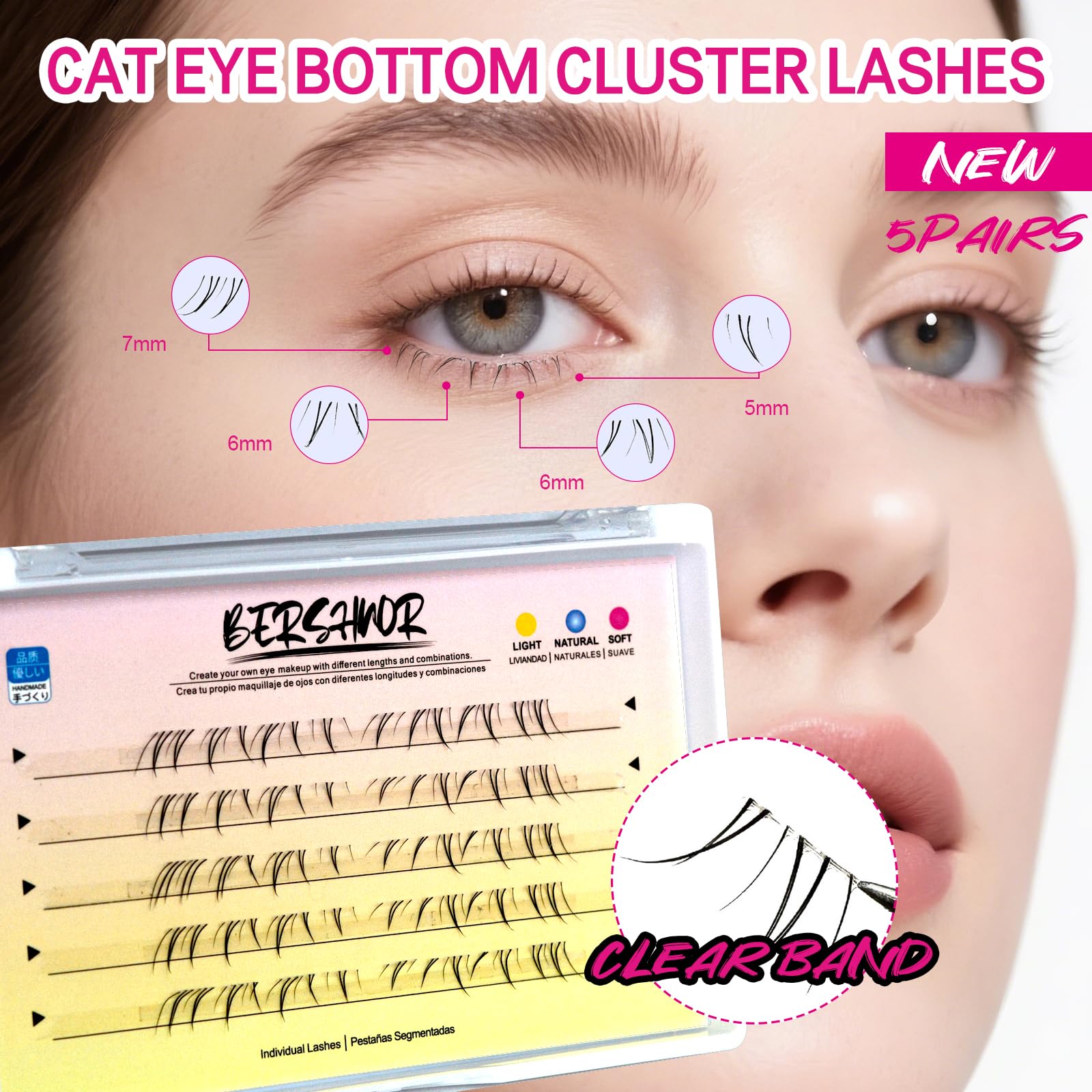 BERSHNOR Cateye Bottom Lash Clusters – DIY Lower Lash Extensions for Cat Eye Look | Clear Band