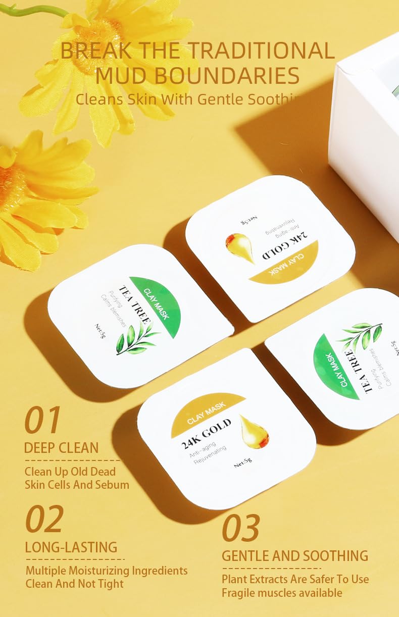 BERVEAL Organic Clay Mask Kit - Turmeric Green Tea Pink Rose for Acne-Prone Skin & Brightening