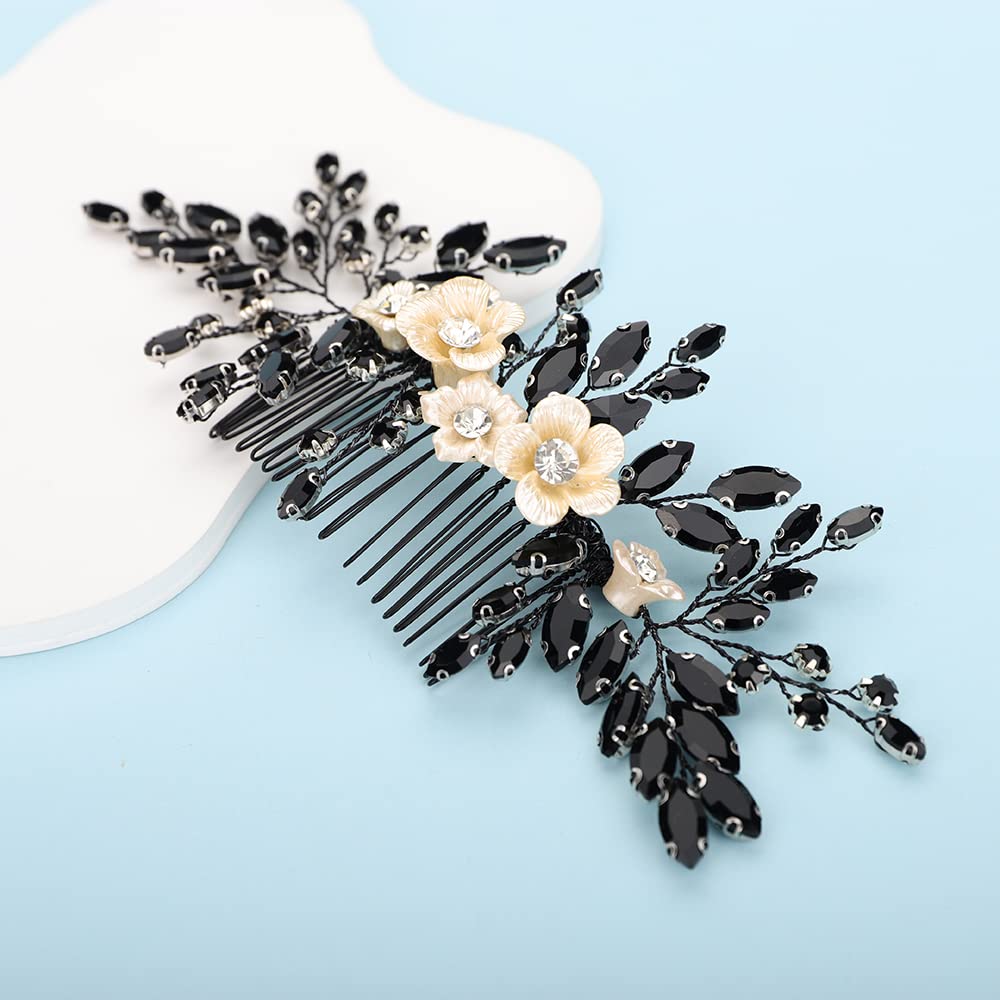 BERYUAN Bridal White Flower Black Crystal Hair Comb – Elegant Wedding Accessory for Bride & Bridesmaid