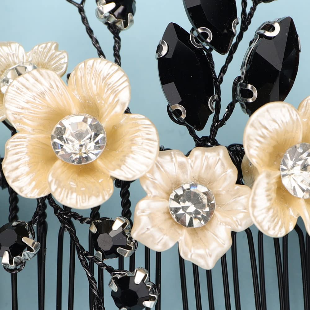BERYUAN Bridal White Flower Black Crystal Hair Comb – Elegant Wedding Accessory for Bride & Bridesmaid