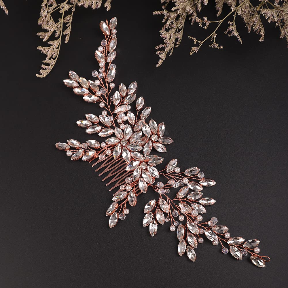 BERYUAN Wedding Rose Gold Hair Comb with Rhinestone Crystal Flower – Bridal Headpiece Accessories