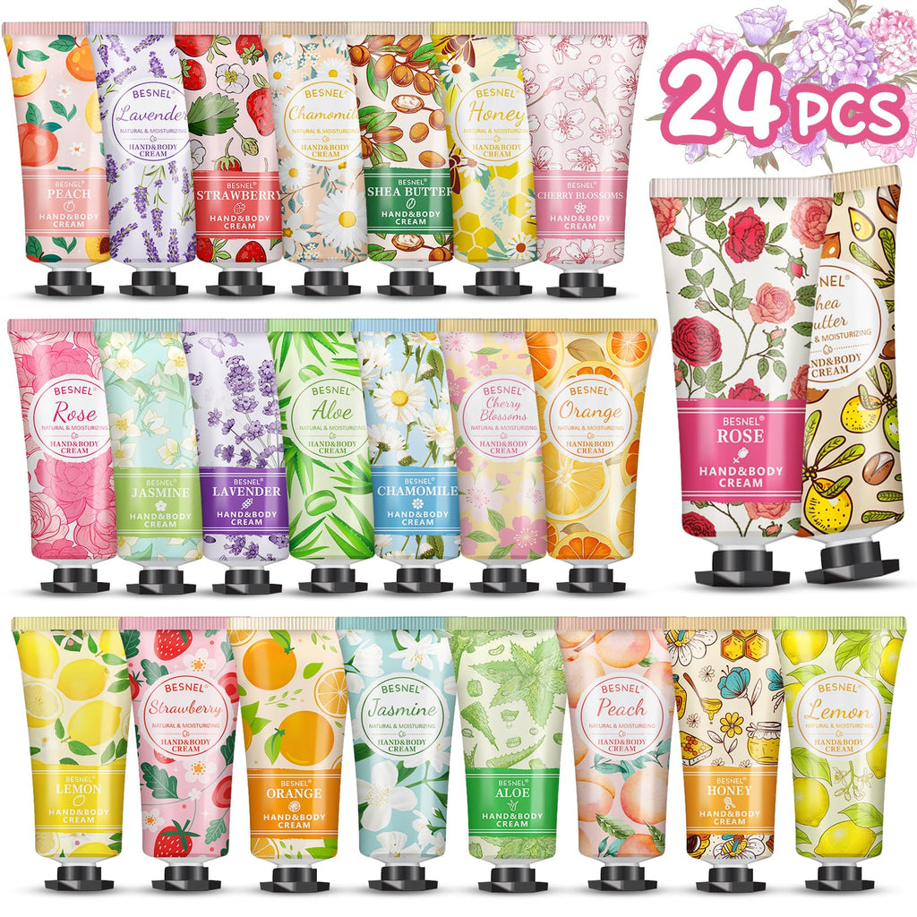 BESNEL 24-Pack Hand Cream Gift Set – 12 Fragrances, Travel-Size Lotions