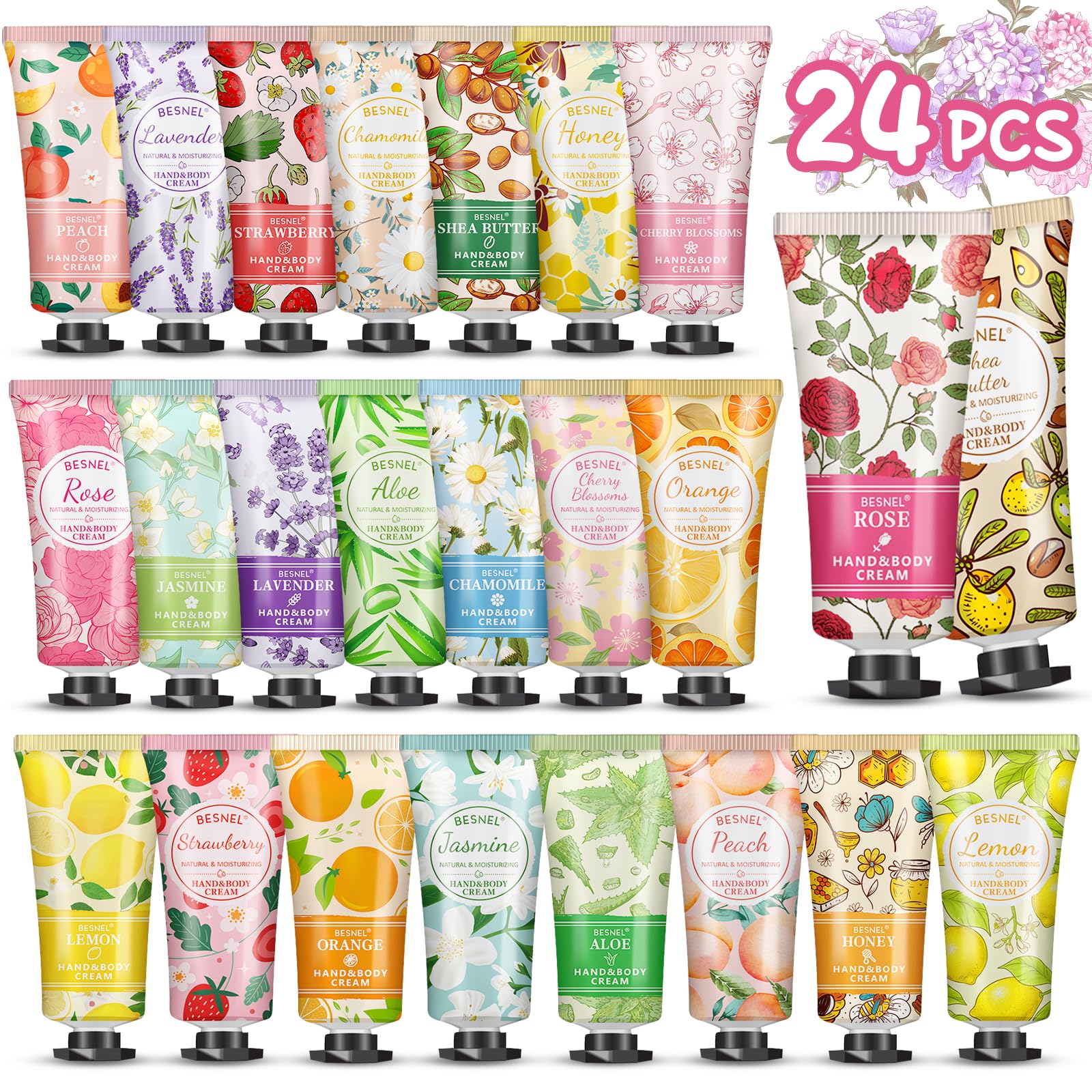 BESNEL 24-Pack Hand Cream Gift Set – 12 Fragrances, Travel-Size Lotions