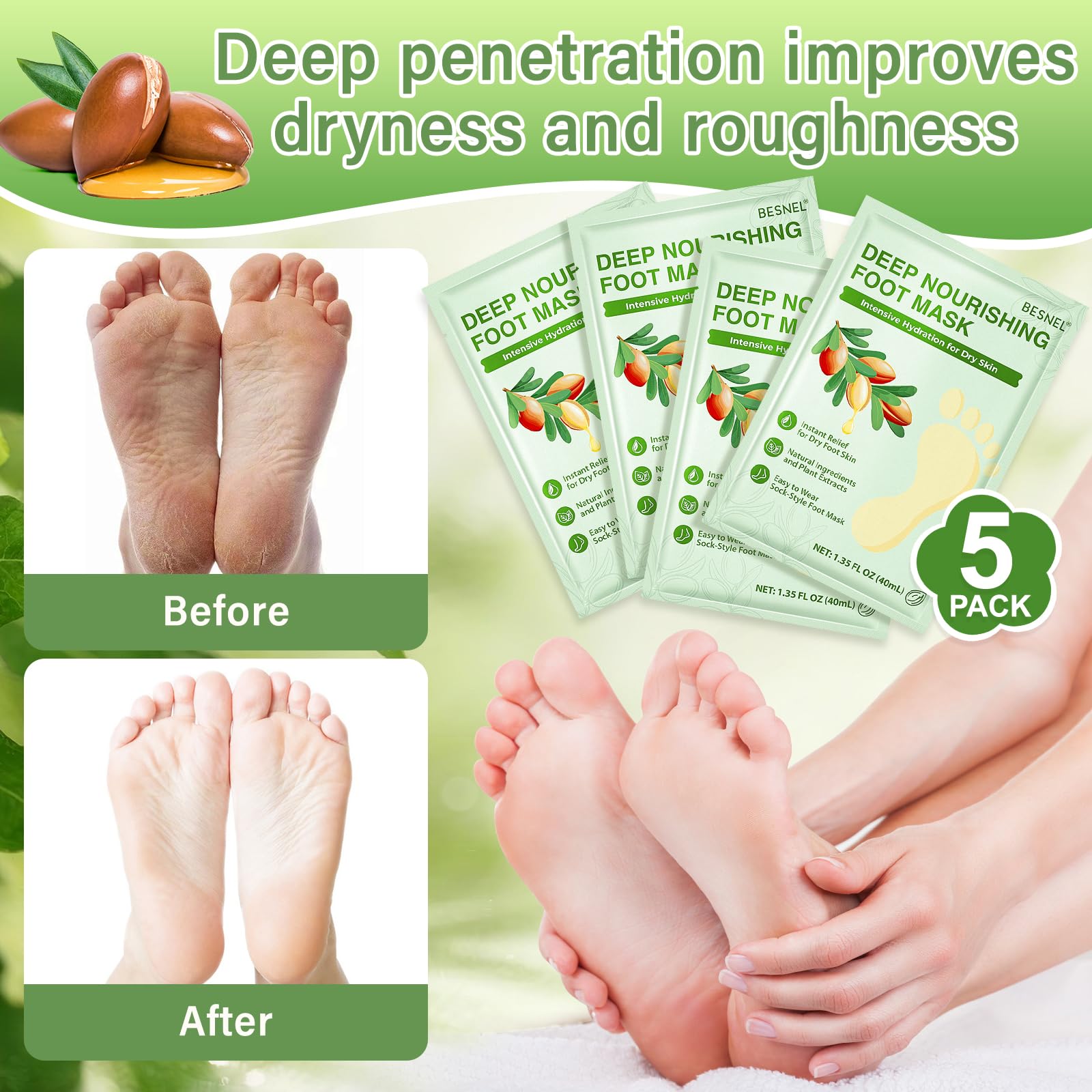BESNEL Foot Mask 3Pcs & 5Pcs Set – Exfoliating & Moisturizing for Dry Feet