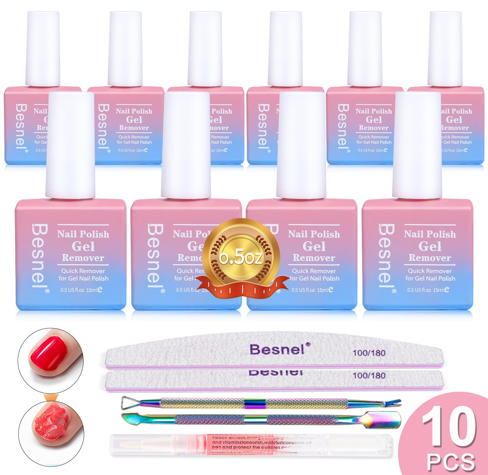 BESNEL Gel Nail Polish Remover 10 Pack - Quick, Non-Irritating Gel Remover Kit