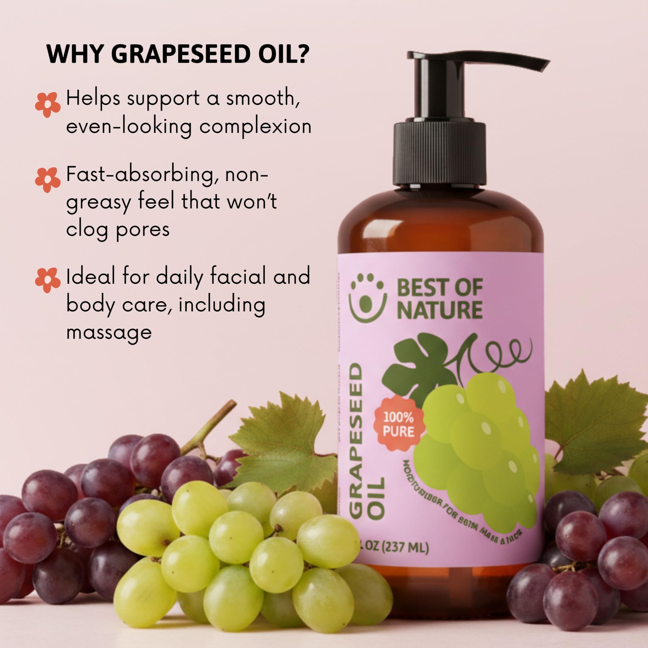 Best of Nature 100% Pure Grapeseed Oil – Unscented, Lightweight Carrier Oil (64 oz)