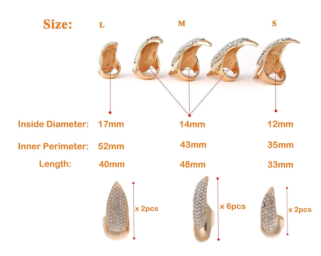Bestga 10 Pcs Halloween Finger Claw Nails - Crystal Paved, 3 Sizes, Golden