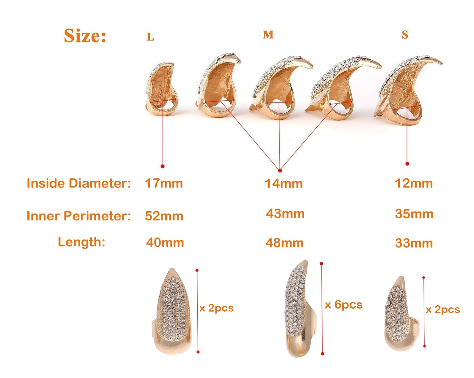Bestga 10 Pcs Halloween Finger Claw Nails - Crystal Paved, 3 Sizes, Golden