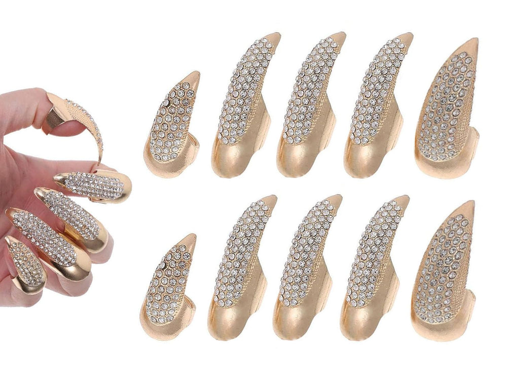 Bestga 10 Pcs Halloween Finger Claw Nails - Crystal Paved, 3 Sizes, Golden