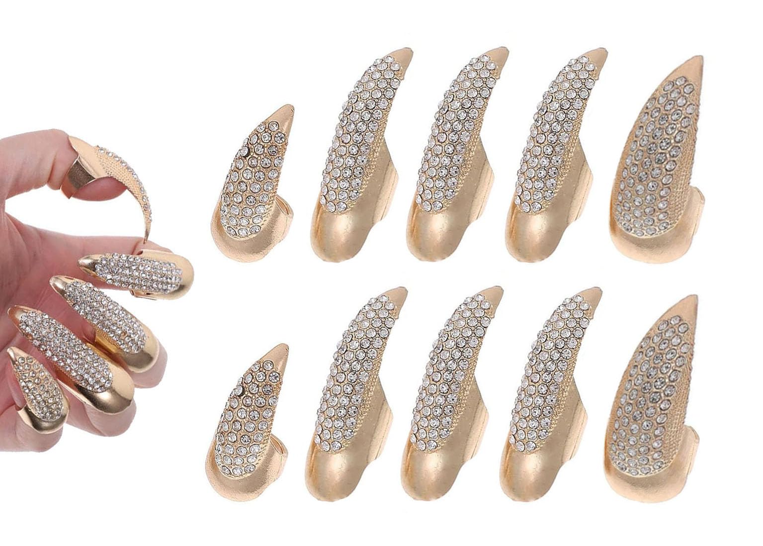 Bestga 10 Pcs Halloween Finger Claw Nails - Crystal Paved, 3 Sizes, Golden