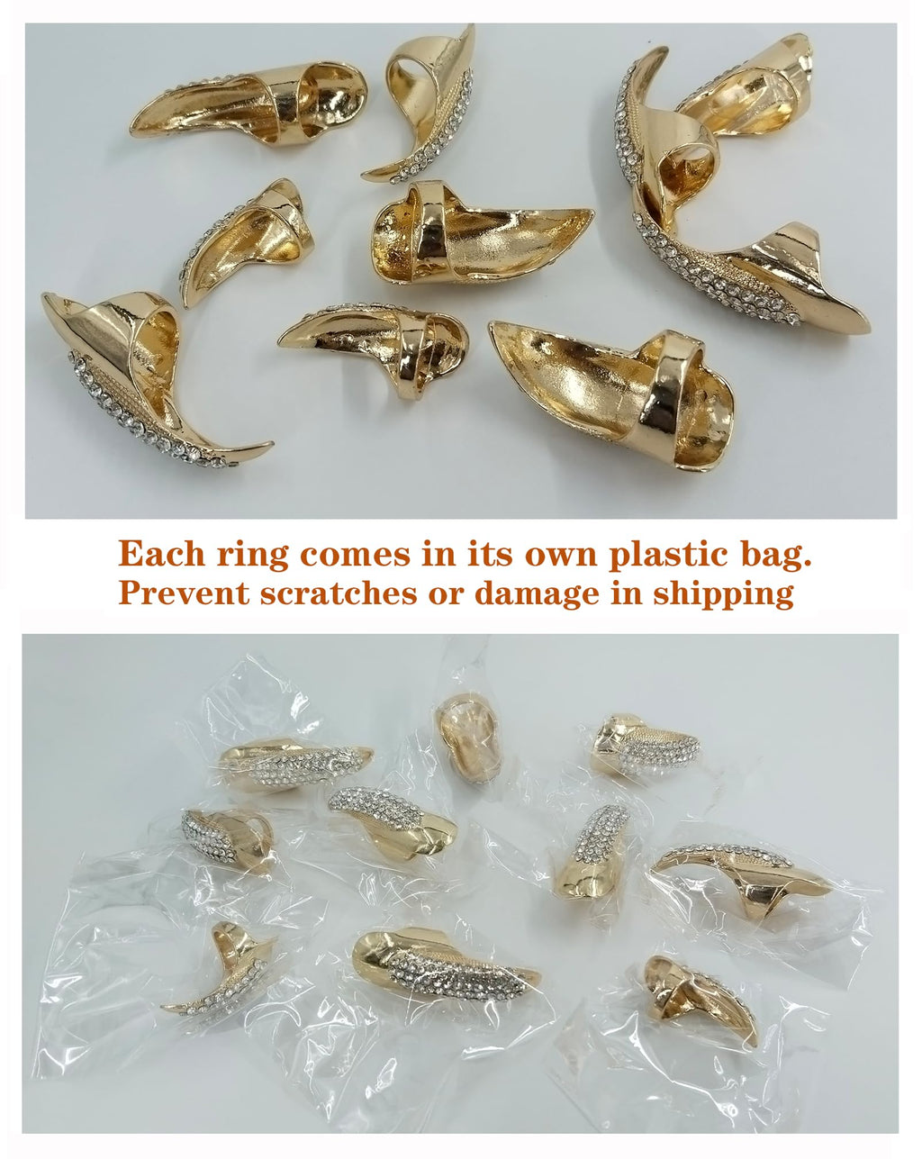 Bestga 10 Pcs Halloween Finger Claw Nails - Crystal Paved, 3 Sizes, Golden