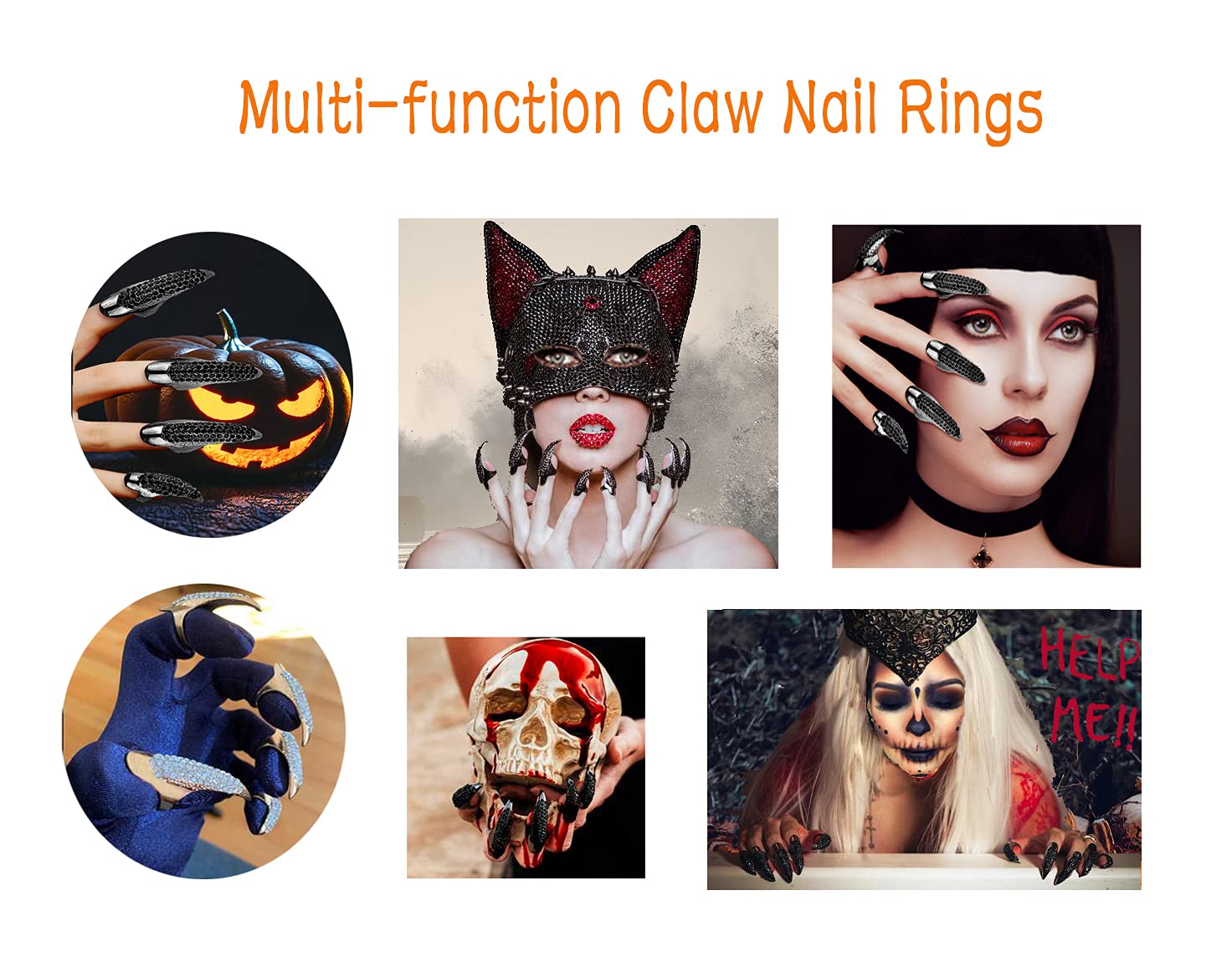 Bestga 10 Pcs Halloween Finger Claw Nails - Crystal Paved, 3 Sizes, Golden