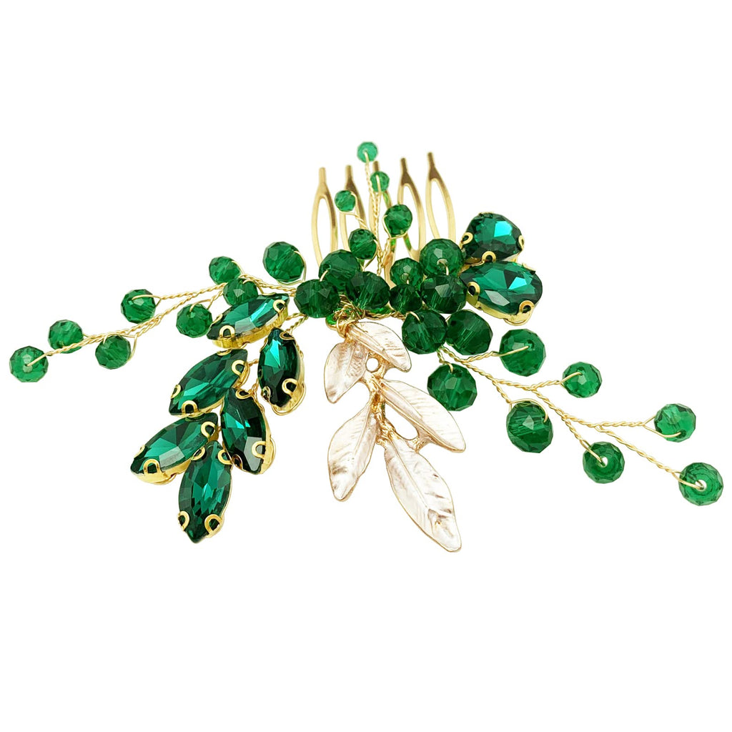 BETITETO Crystal Bridal Hair Comb – Green Rhinestone Gold Vine Wedding Accessory