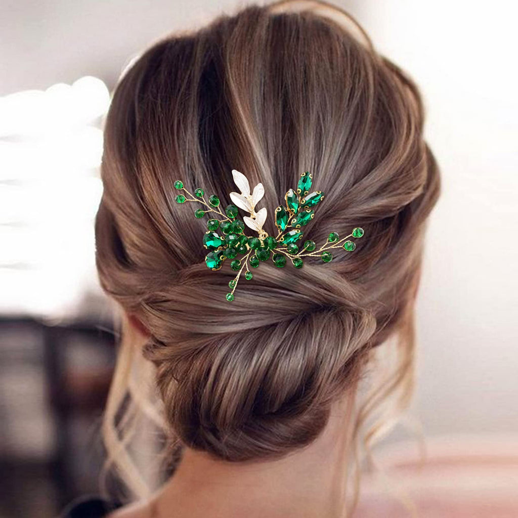BETITETO Crystal Bridal Hair Comb – Green Rhinestone Gold Vine Wedding Accessory