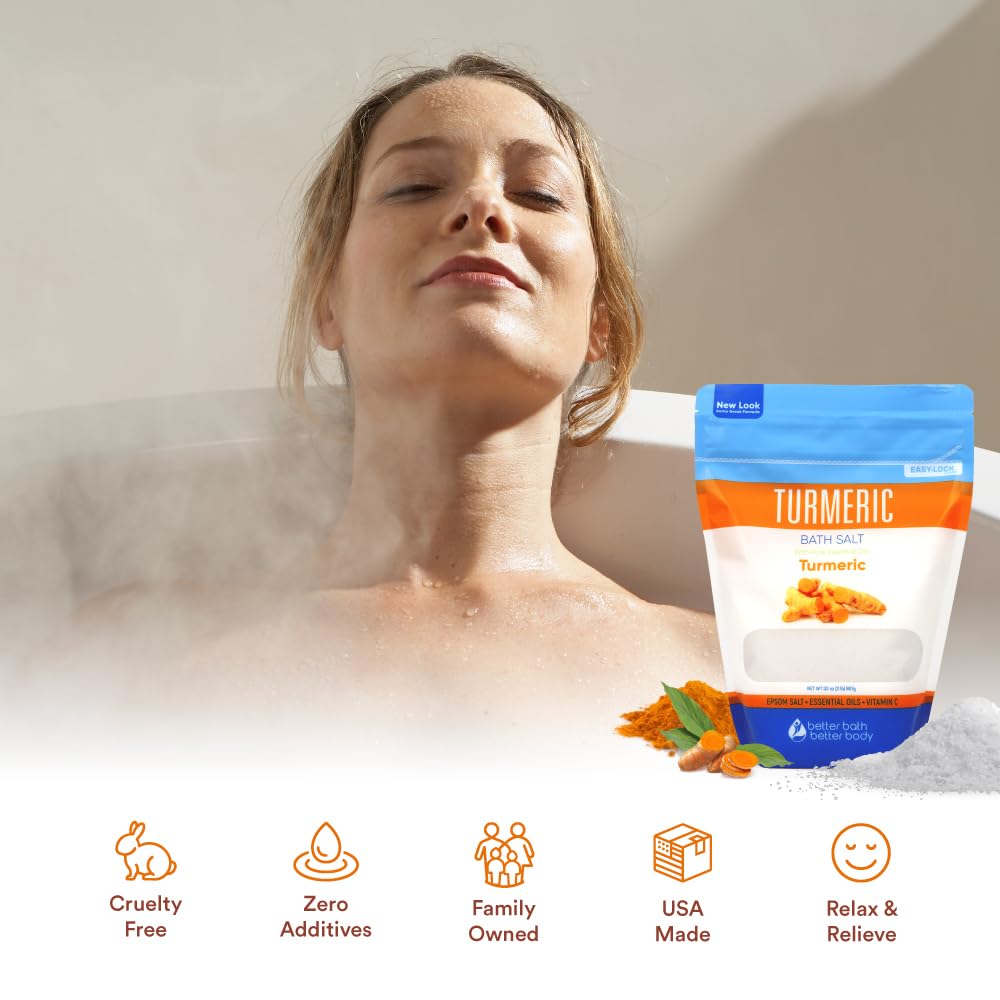 Better Bath Better Body Turmeric Bath Salt 32oz – Epsom Salt with Cinnamon, Orange, Vitamin C – BPA-Free Pouch