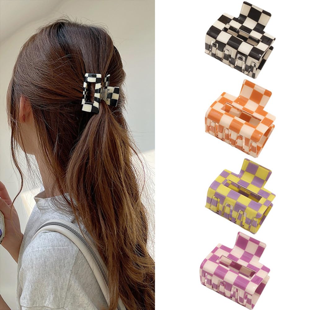 BetterJonny 4 Pack Checkered Hair Claw Clips – Square Medium Barrettes