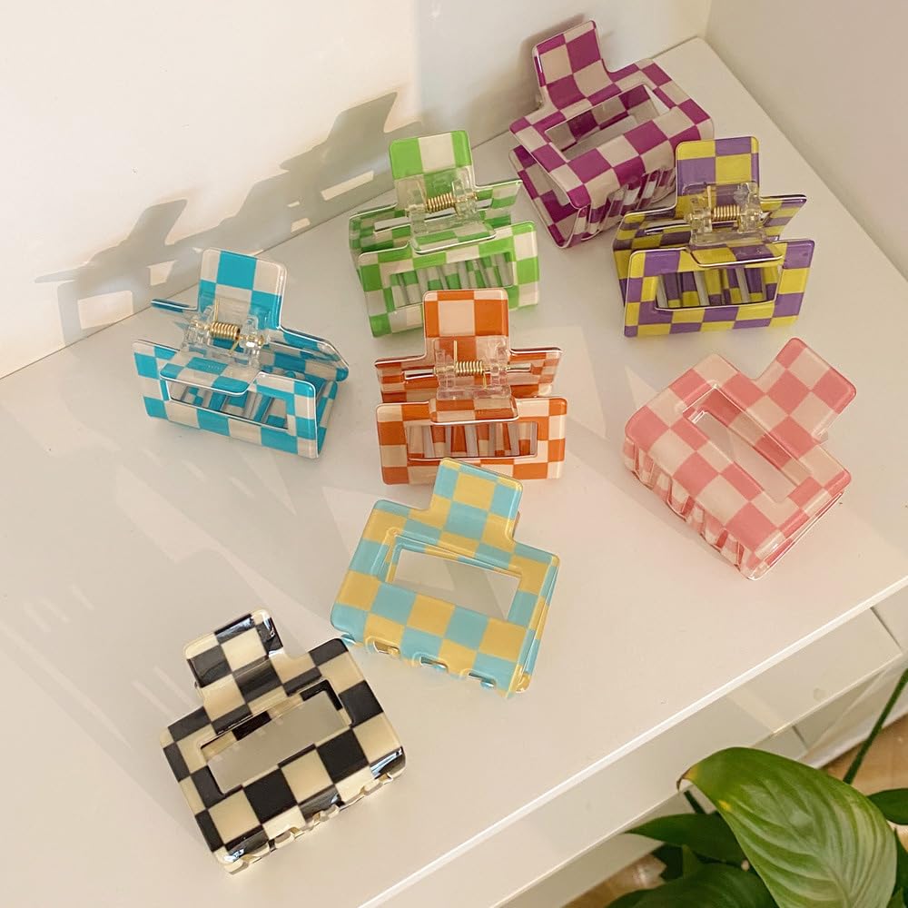 BetterJonny 4 Pack Checkered Hair Claw Clips – Square Medium Barrettes