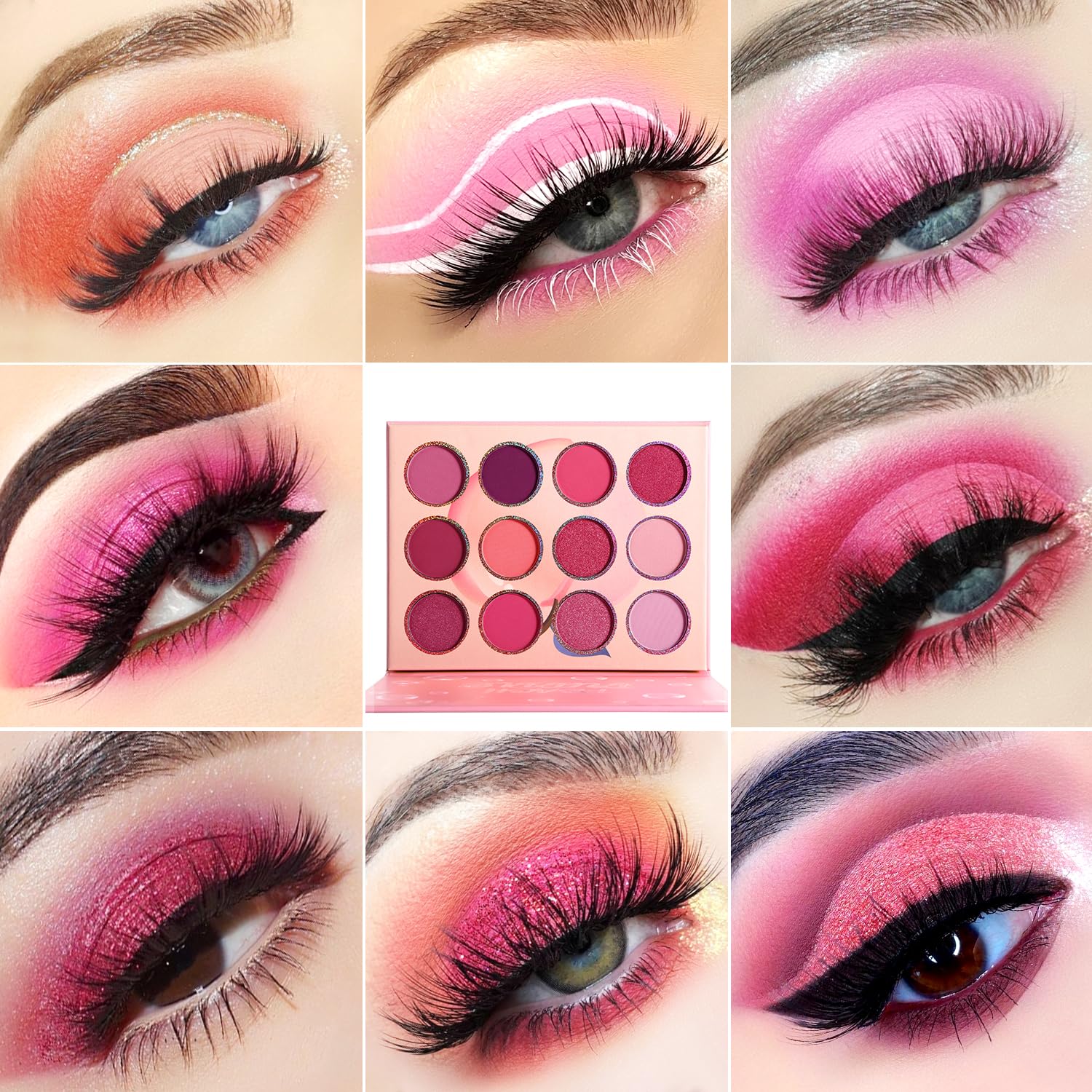 BEUSELF Pink Eyeshadow Palette — 12 Peach Matte & Shimmer Shades, Travel-Friendly, Waterproof, Vegan
