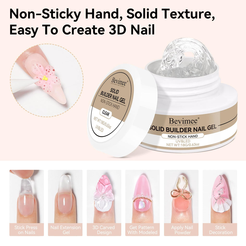 Bevimee Solid Builder Gel Kit – 18g + 15ml, 8-in-1 Clear Gel for 3D Nail Sculpting