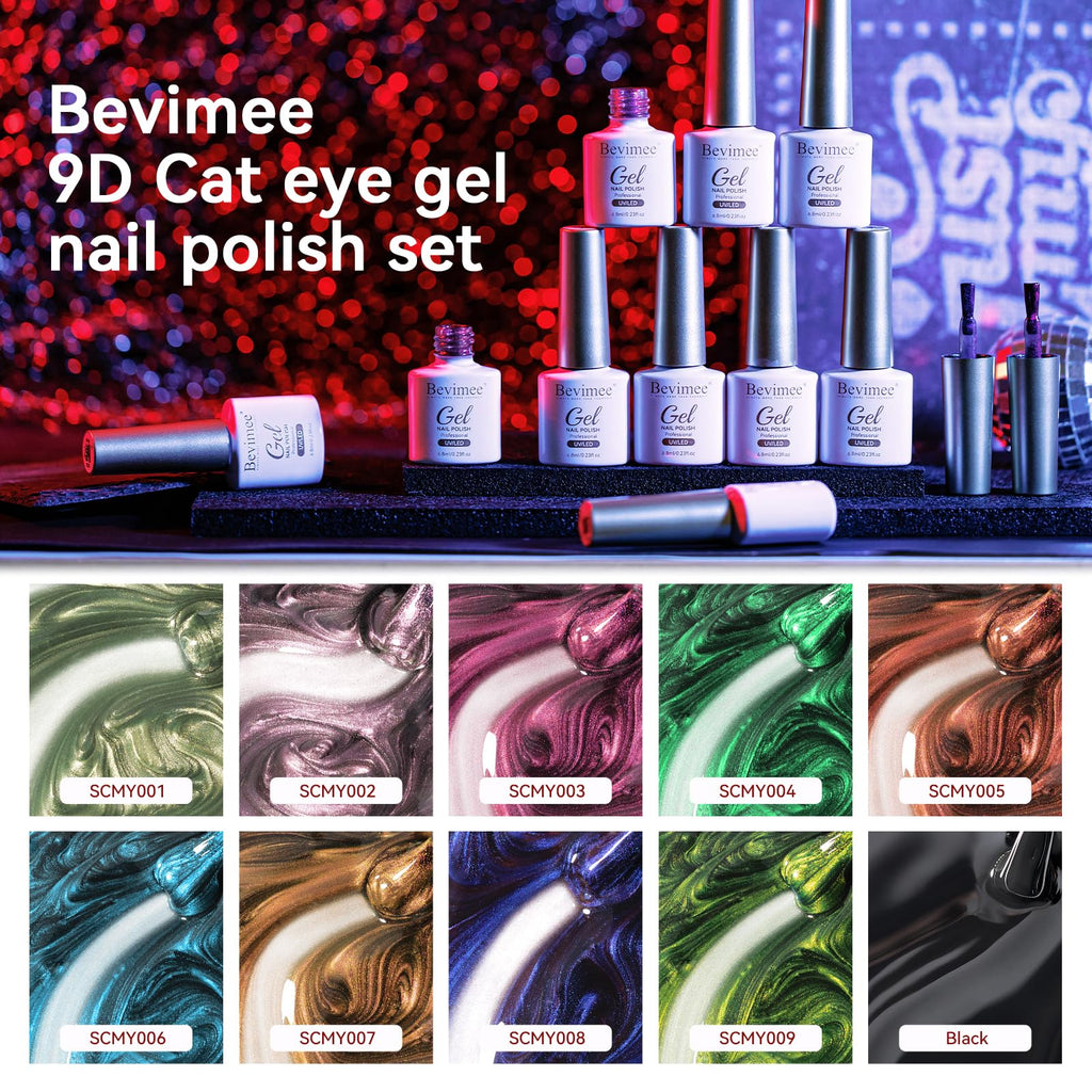 Bevimee 10 Colors 9D Cat Eye Gel Nail Polish Kit with Magnet Stick | Galaxy & Chameleon Nail Art