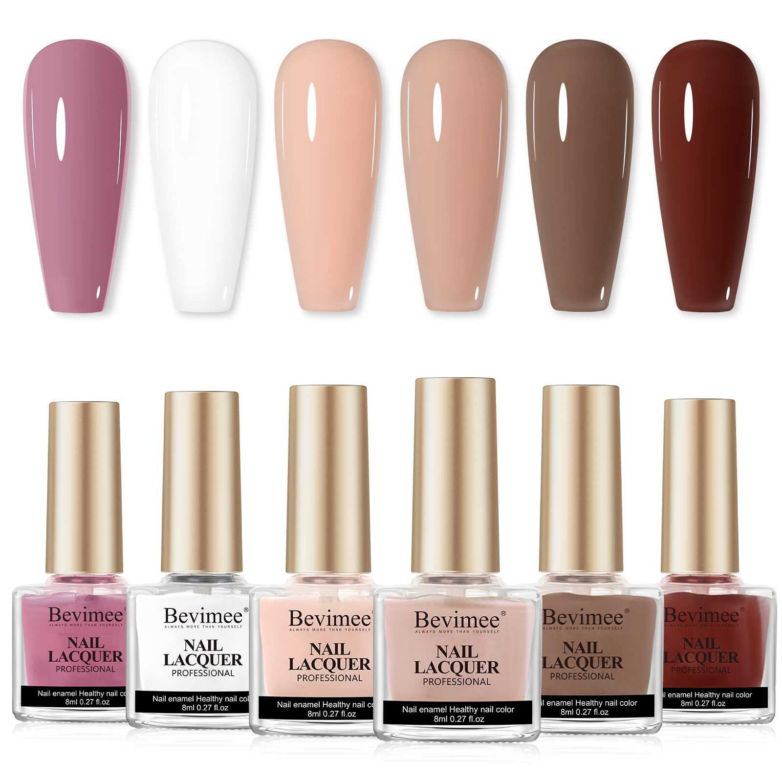 Bevimee Vegan Nail Polish Set – Air Quick Dry, 6 Colors (Milky White, Nude, Brown)