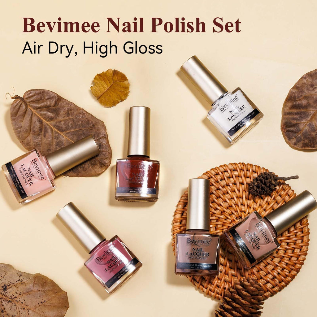 Bevimee Vegan Nail Polish Set – Air Quick Dry, 6 Colors (Milky White, Nude, Brown)