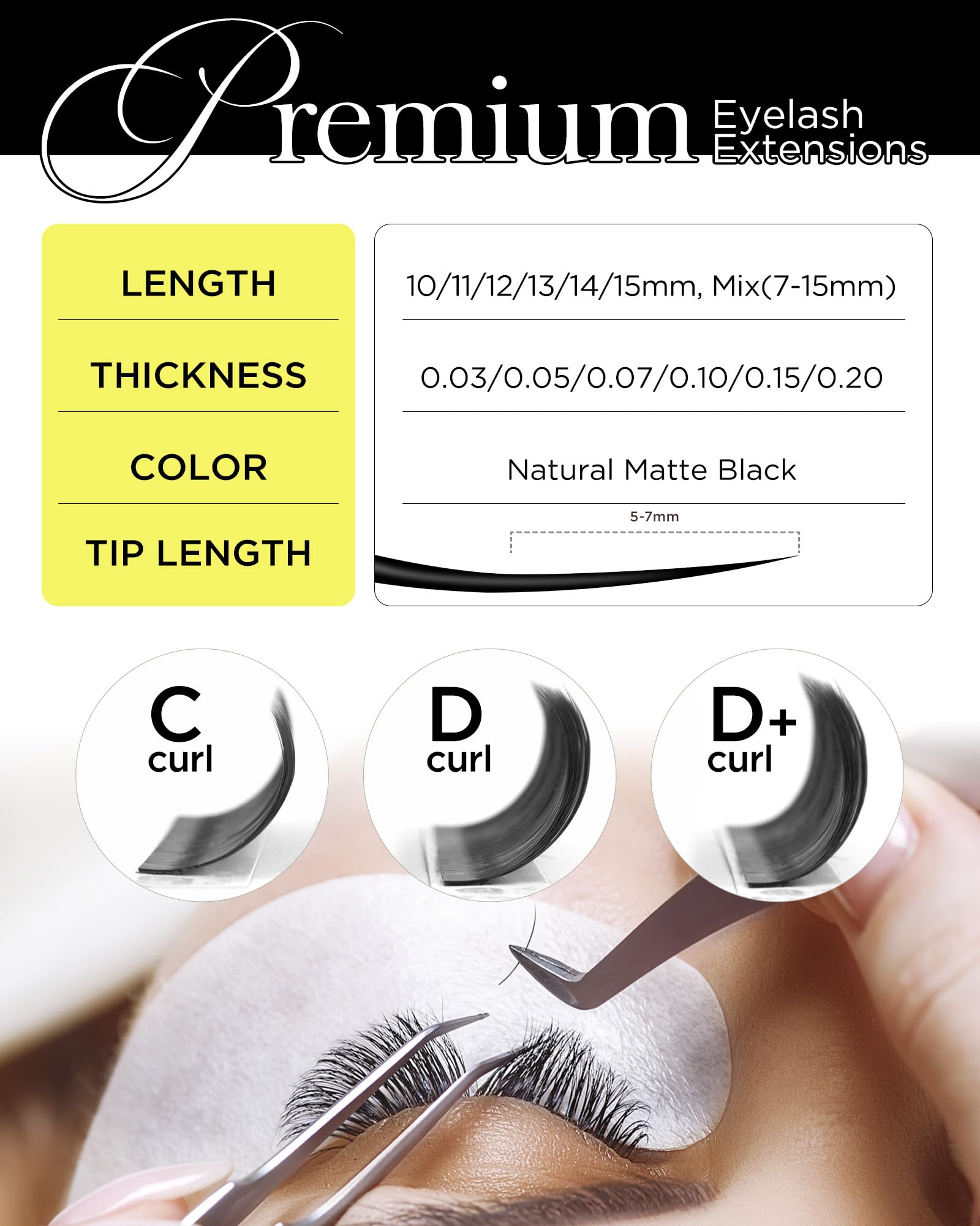 BEYELIAN Classic Volume Lash Extensions - CD+ Curl, 7-15mm, 0.03-0.20mm Thickness, Matte Black