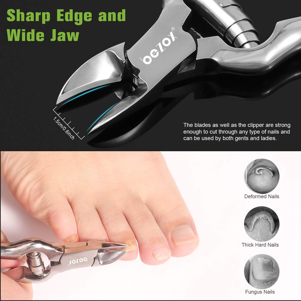 BEZOX Heavy Duty Toenail Clippers for Thick & Ingrown Nails | Stainless Steel, Podiatry-Grade, Silver