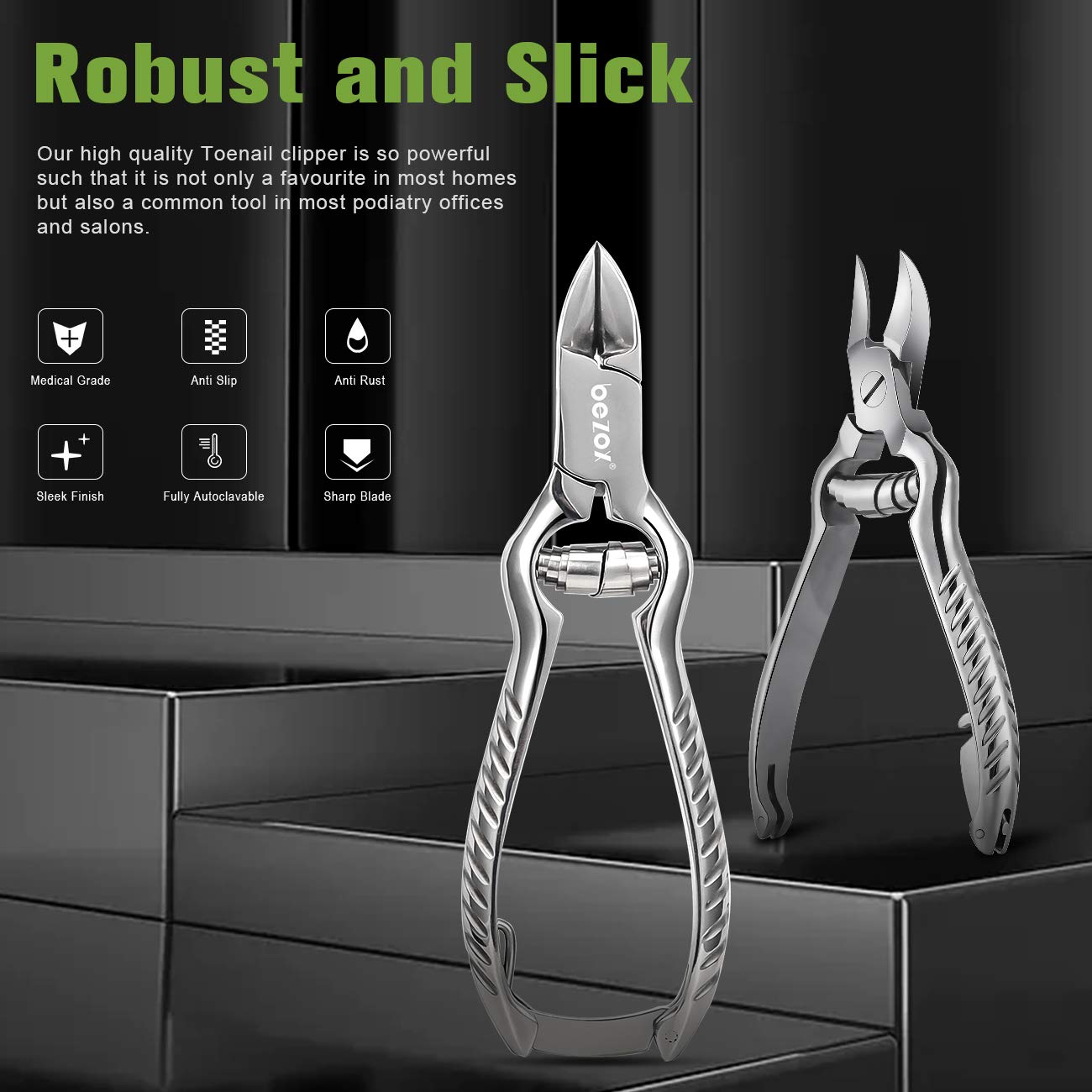 BEZOX Heavy Duty Toenail Clippers for Thick & Ingrown Nails | Stainless Steel, Podiatry-Grade, Silver